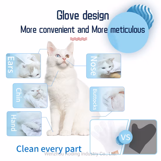 고양이와 개를위한 애완 동물 부직포 청소 물티슈 비자극 다섯 손가락 젖은 닦는 장갑 가정용 일회용 장갑